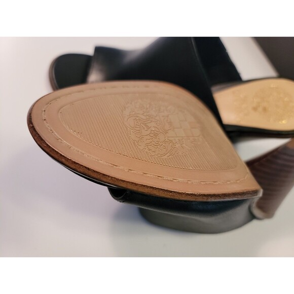 Vince Camuto Black Leather Platform Slide Wedge Wood Heel Sandals, Sz 7 Dormina - Picture 3 of 15